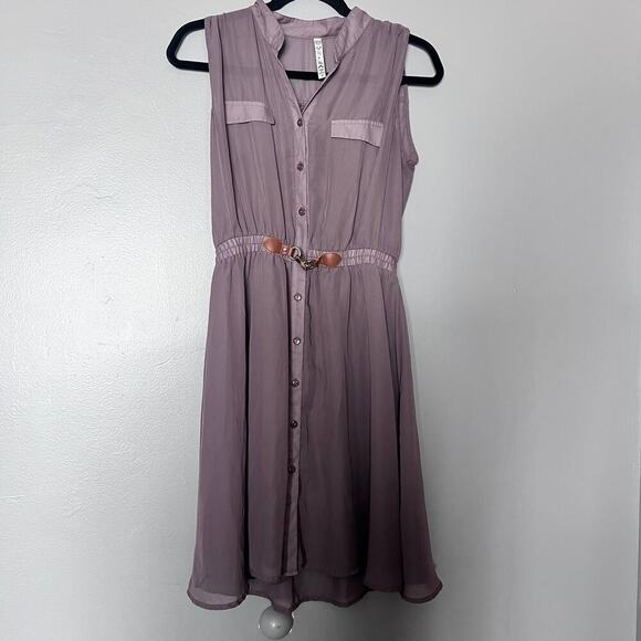 ✨R N B Women’s Dress M Purple Sheer Chiffon Sleeveless Button Front Belted - Picture 1 of 8